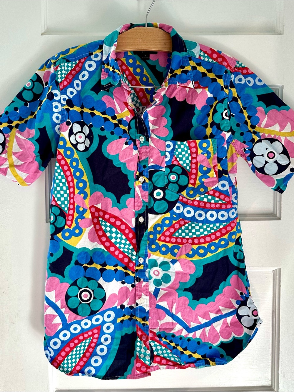 J Crew 70s stylBright Multicolor Printed Short-Sleeve Shirt - Pink, Blue & Green